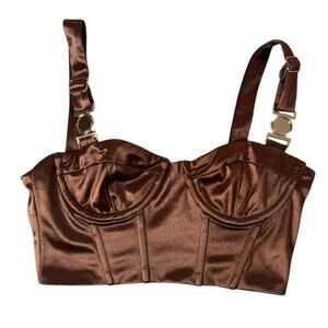 Princess Polly Corset Crop Top – Brown Satin Bustier Style Size 4 Gold Hardware